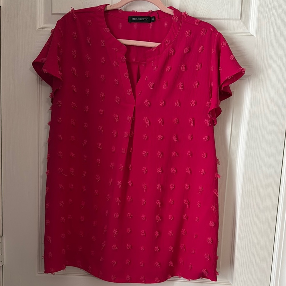 Merokeety V Neck Swiss Dot Flowy Tunic Top Short Sleeve XL